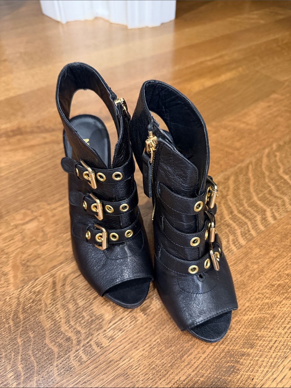 Nine West Black Peep-Toe Ankle Booties with Gold Buckles